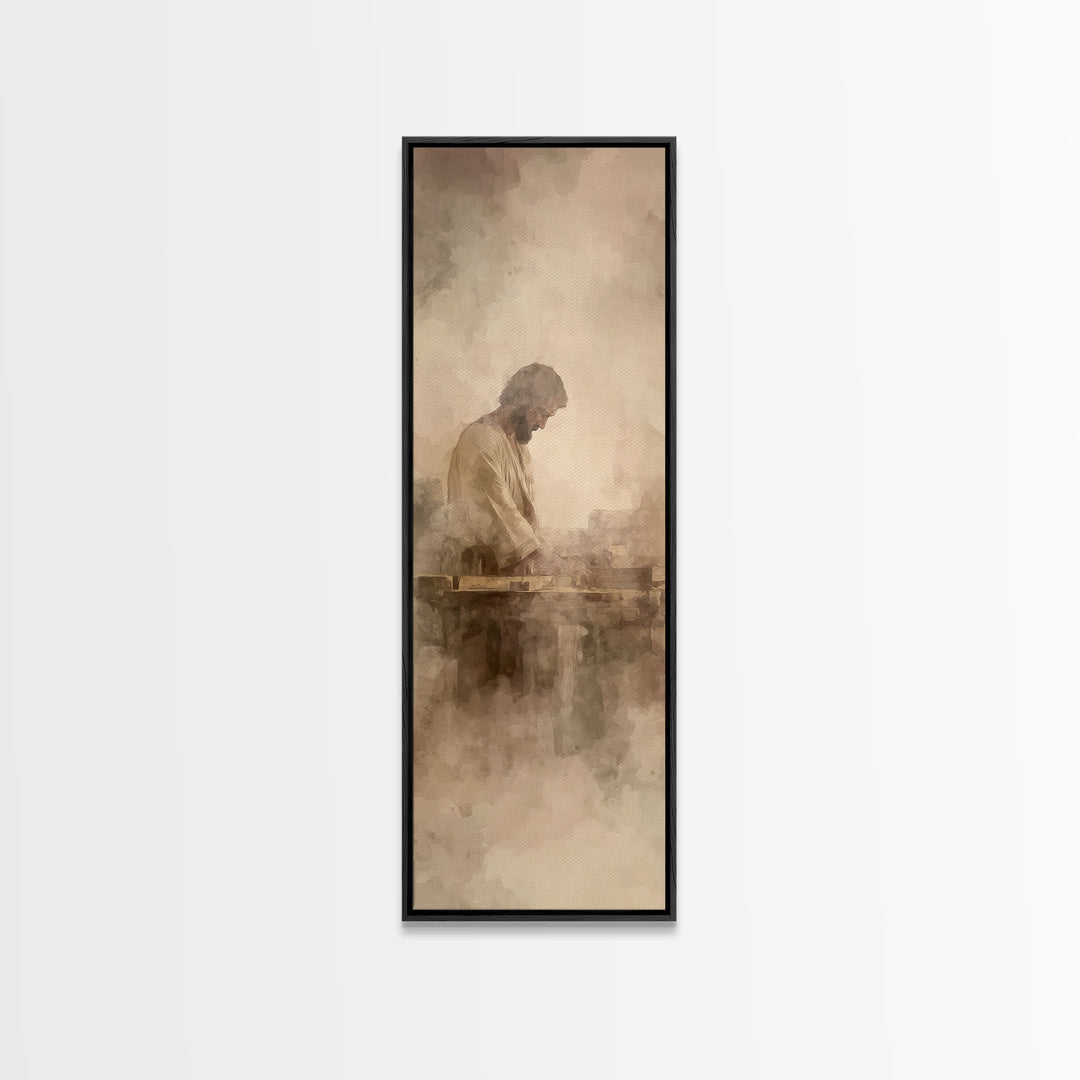 Quiet Carpenter Grace – Framed Canvas Print – Tall Skinny Art Print – Christian Art Canvas – Christian Painting – Christian Wall Art – Mini