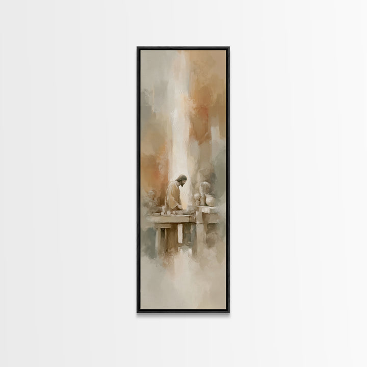 Carpenter’s Devotion, Framed Canvas Print, Tall Narrow Wall Art, Christian Wall Art, Christian Art Canvas, Jesus Painting, Christian Gift