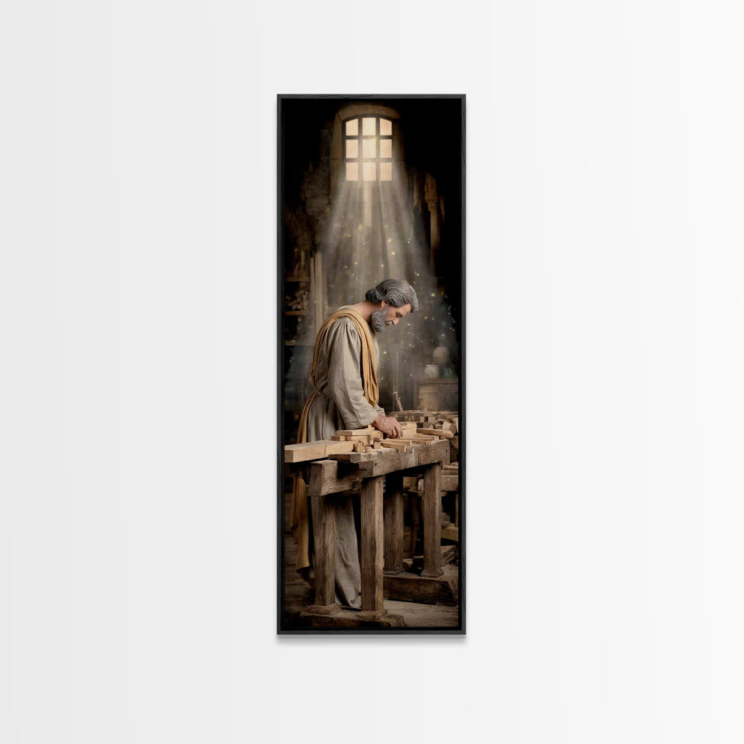 Heavenly Carpenter Grace – Framed Canvas Print – Tall Skinny Art Print – Christian Wall Art – Jesus Painting – Christian Art Canvas – Chris