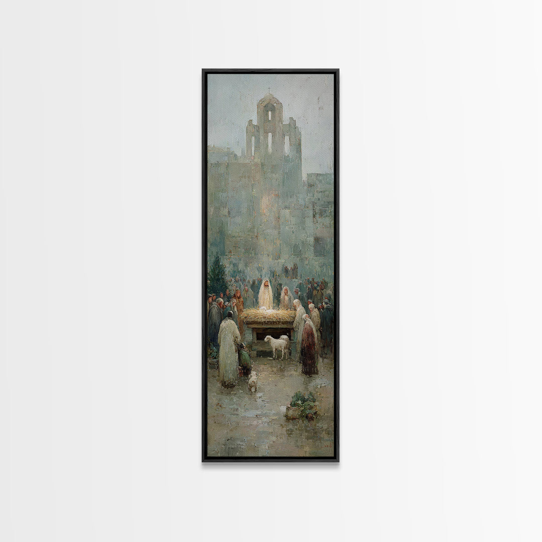 Nativity Town Gathering – Framed Canvas Print – Narrow Art – Christian Art Canvas – Christmas Art – Christian Wall Art – Christian Painting