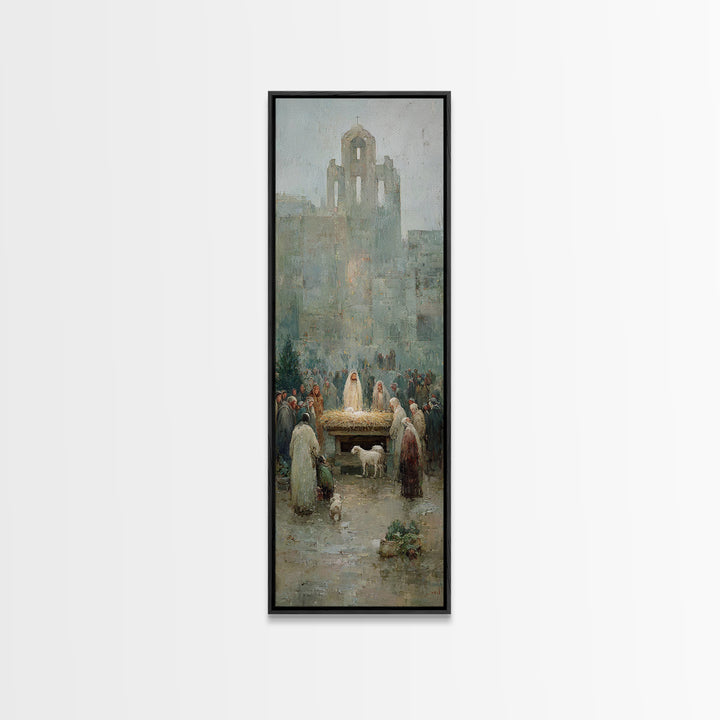 Nativity Town Gathering – Framed Canvas Print – Narrow Art – Christian Art Canvas – Christmas Art – Christian Wall Art – Christian Painting