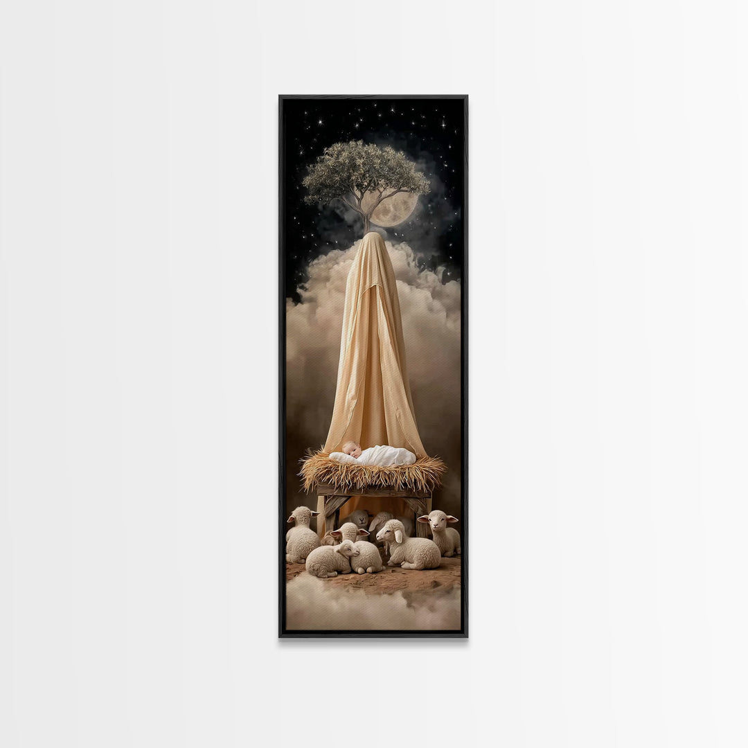 Midnight Manger Wonder – Framed Canvas Print – Skinny Art – Christmas Art – Christian Wall Art – Christian Art Canvas – Jesus Art Print – C