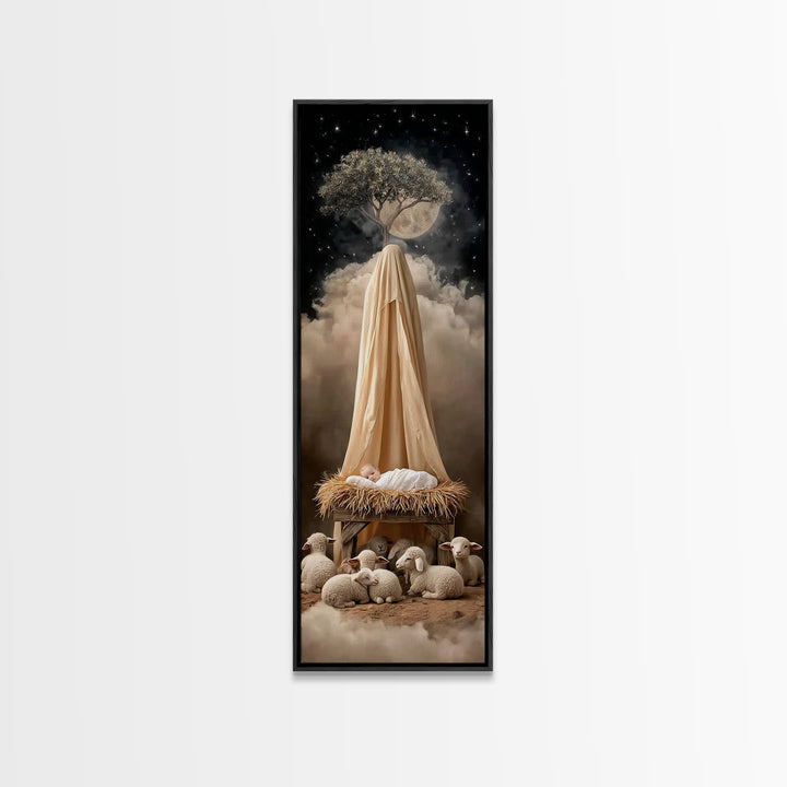 Midnight Manger Wonder – Framed Canvas Print – Skinny Art – Christmas Art – Christian Wall Art – Christian Art Canvas – Jesus Art Print – C