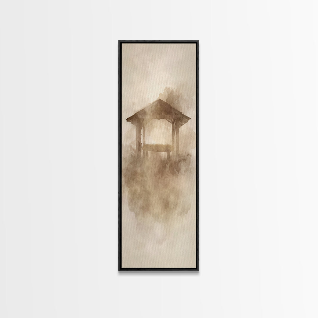 Sacred Manger Stillness – Framed Canvas Print – Tall Narrow Wall Art – Christian Art – Christian Wall Art – Christian Art Canvas – Christma