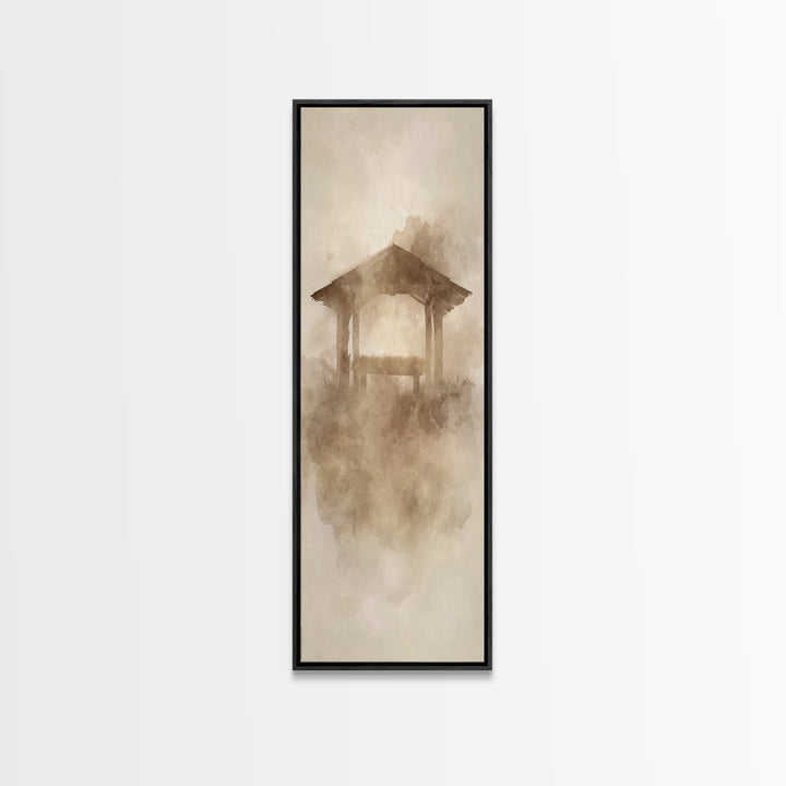 Sacred Manger Stillness – Framed Canvas Print – Tall Narrow Wall Art – Christian Art – Christian Wall Art – Christian Art Canvas – Christma