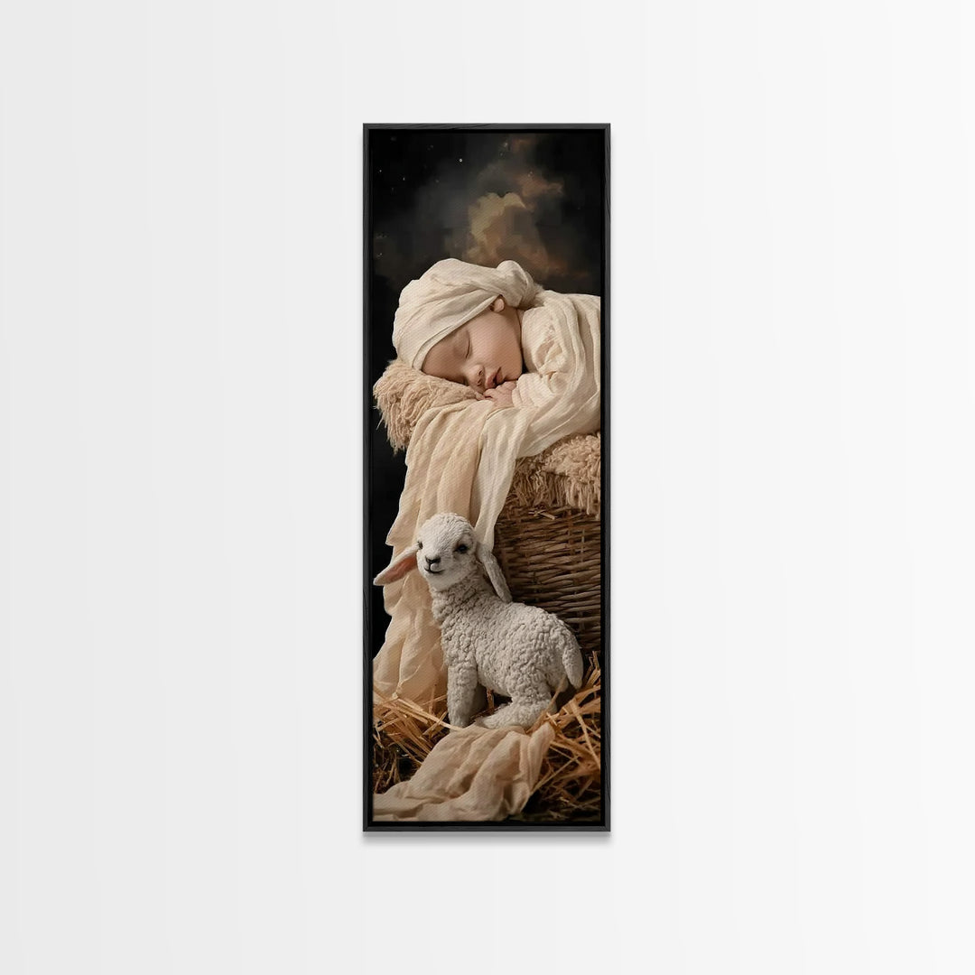 Tender Manger Peace – Framed Canvas Print – Christian Art Print – Christian Christmas Art – Jesus Painting – Narrow Art