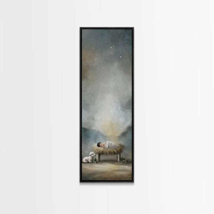 Divine Stable Glow – Framed Canvas Print – Christian Art – Jesus Painting – Christian Christmas Art – Tall Skinny Art Print