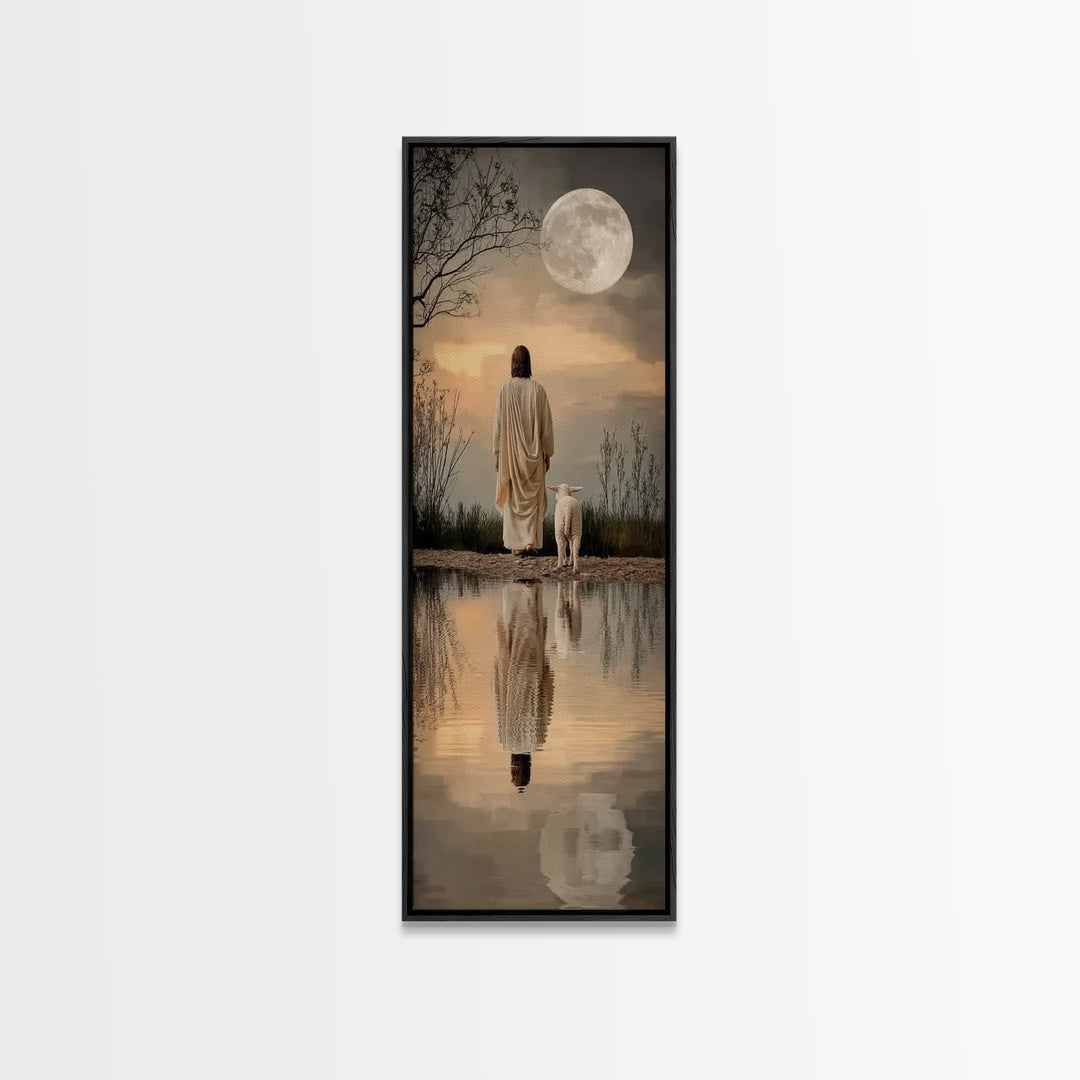 Moonlit Savior Path – Framed Canvas Print – Jesus Painting – Christian Art Canvas – Christian Wall Art – Skinny Art – Christian Art