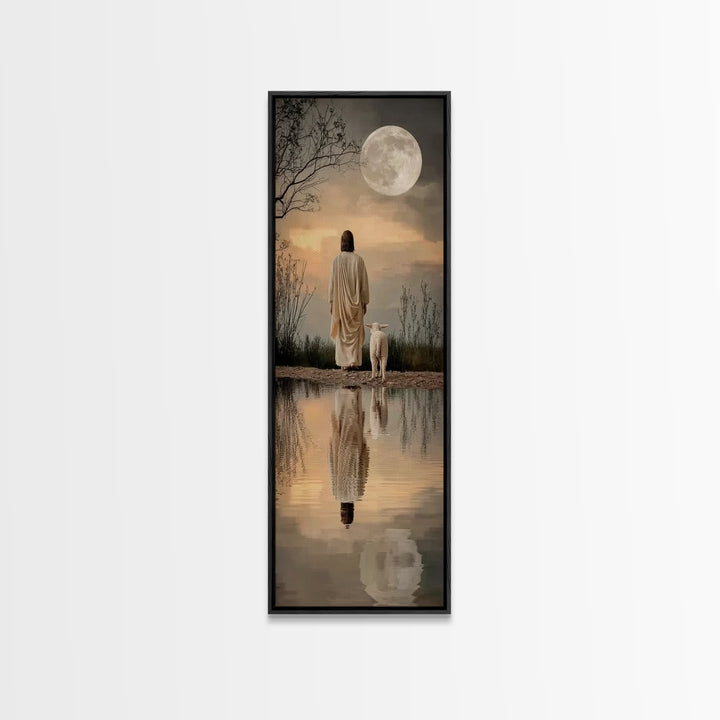 Moonlit Savior Path – Framed Canvas Print – Jesus Painting – Christian Art Canvas – Christian Wall Art – Skinny Art – Christian Art