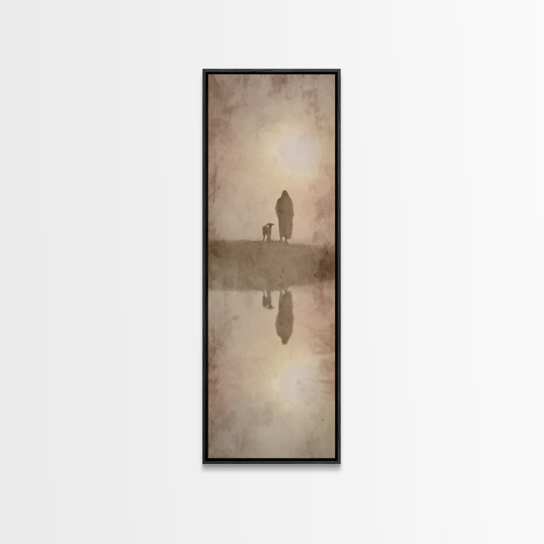 Silent Shepherd Walk – Framed Canvas Print – Christian Art Canvas – Christian Wall Art – Jesus Painting – Tall Skinny Art Print – Christian
