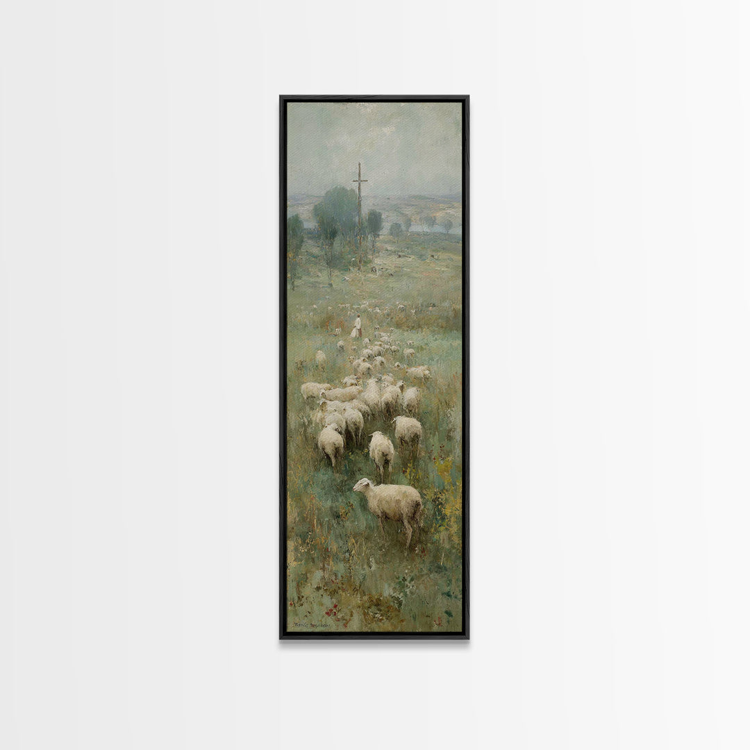Field Of His Flock – Framed Canvas Print – Christian Art – Christian Wall Art – Christian Art Canvas – Jesus Painting – Narrow Art