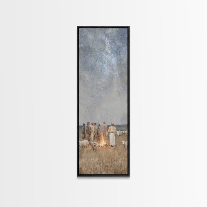 Shepherds By Firelight,Framed Canvas Print,Christian Wall Art,Tall Narrow Wall Art,Christian Paintings,Christmas Wall Art,Jesus Art Canvas