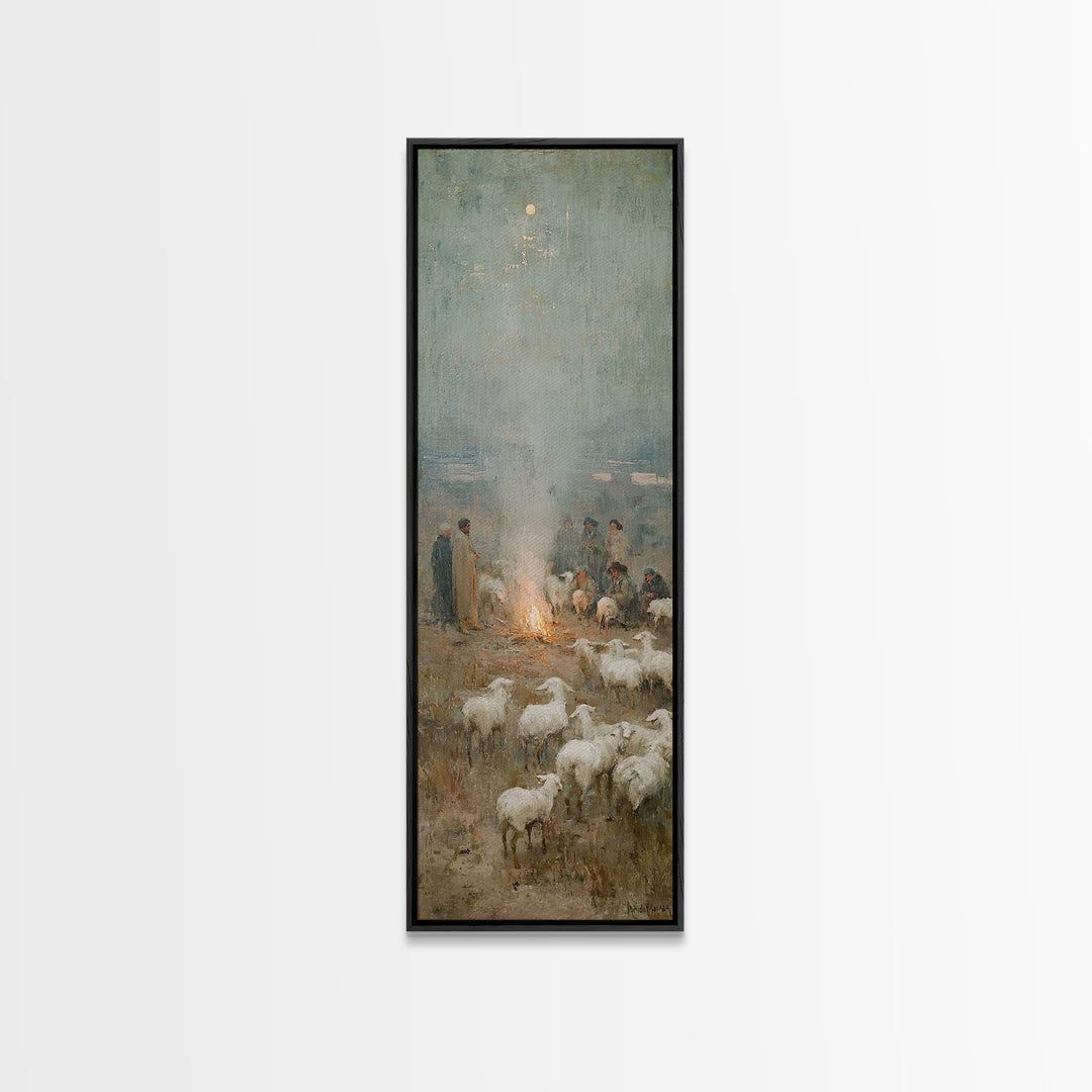 Moonlit Shepherd Circle | Framed Canvas Print | Christian Art Canvas | Christian Wall Art | Jesus Painting | Skinny Art | Christian Christm