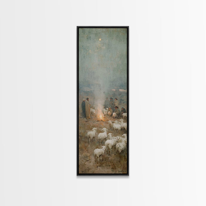 Moonlit Shepherd Circle | Framed Canvas Print | Christian Art Canvas | Christian Wall Art | Jesus Painting | Skinny Art | Christian Christm