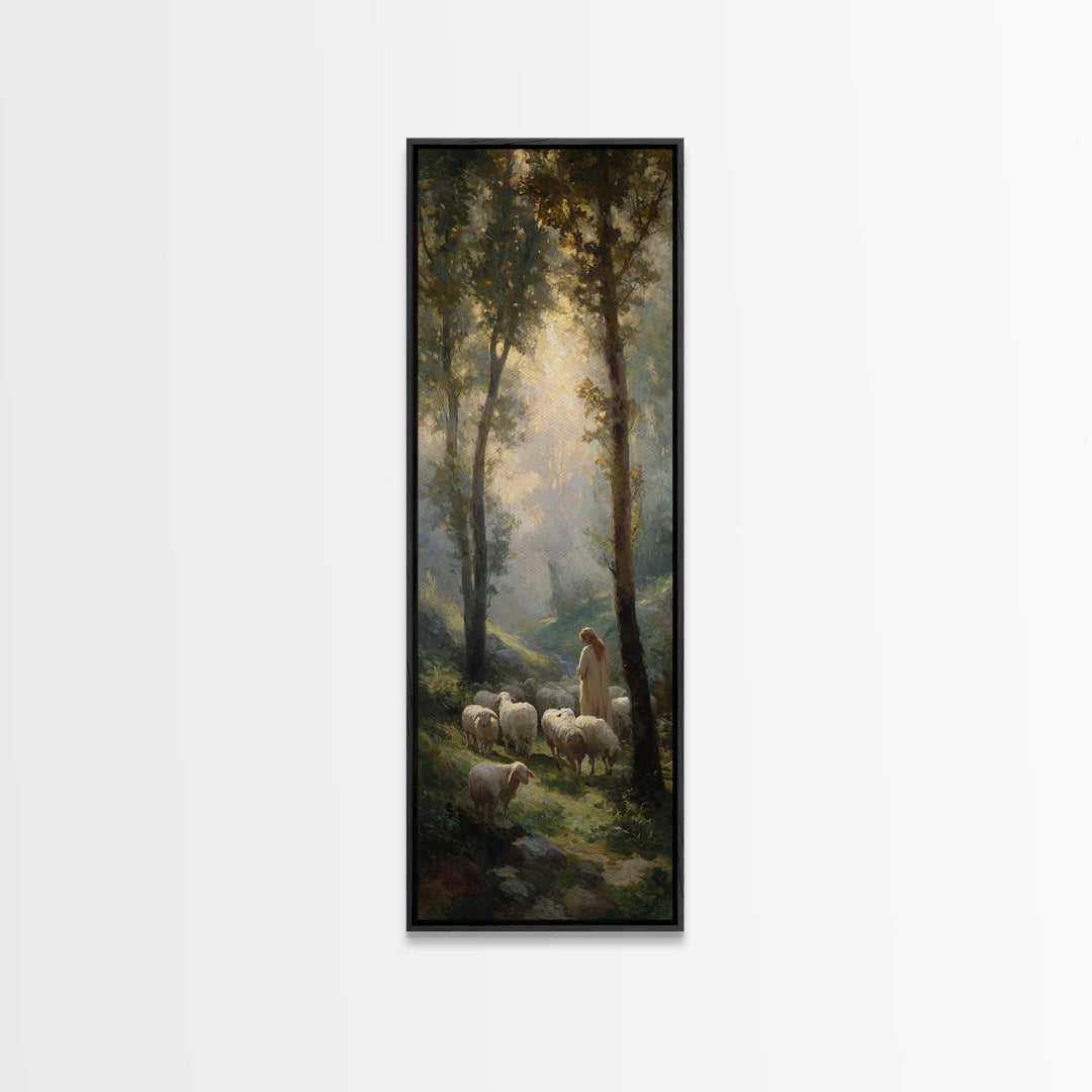 Shepherd’s Morning Calm, Framed Canvas Print, Christian Wall Art, Christian Art Canvas, Christmas Art, Tall Skinny Art Print, Christian Chr