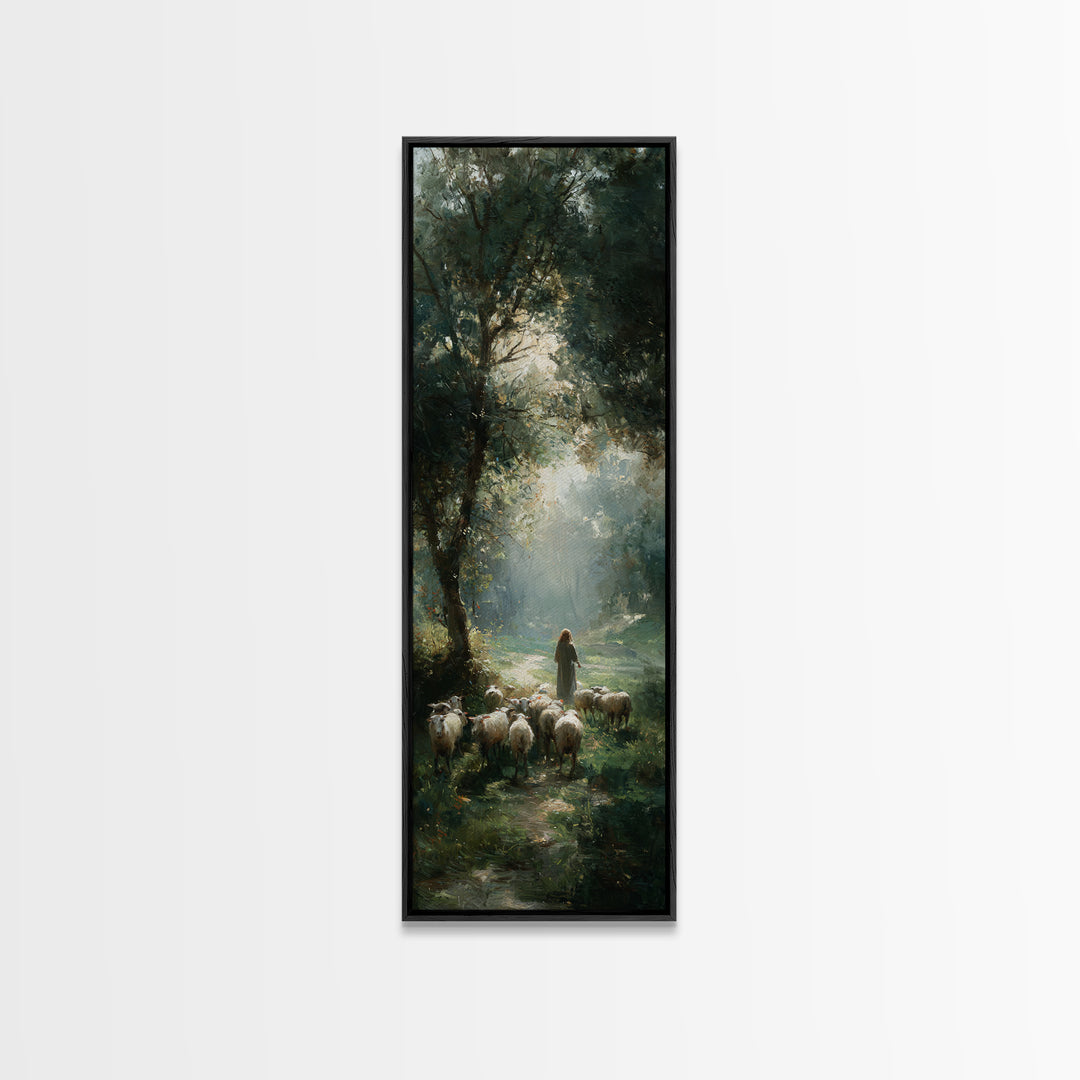 Garden Of The Shepherd – Framed Canvas Print – Christian Art Canvas – Christian Wall Art – Skinny Art – Jesus Painting – Christian Art