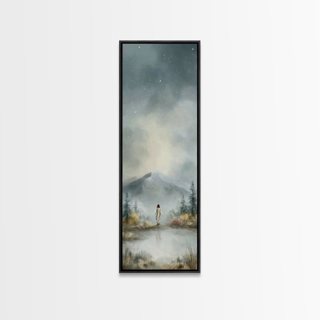 Heavenly Mountain Peace – Framed Canvas Print – Christian Art – Christmas Wall Art – Narrow Art – Jesus Painting