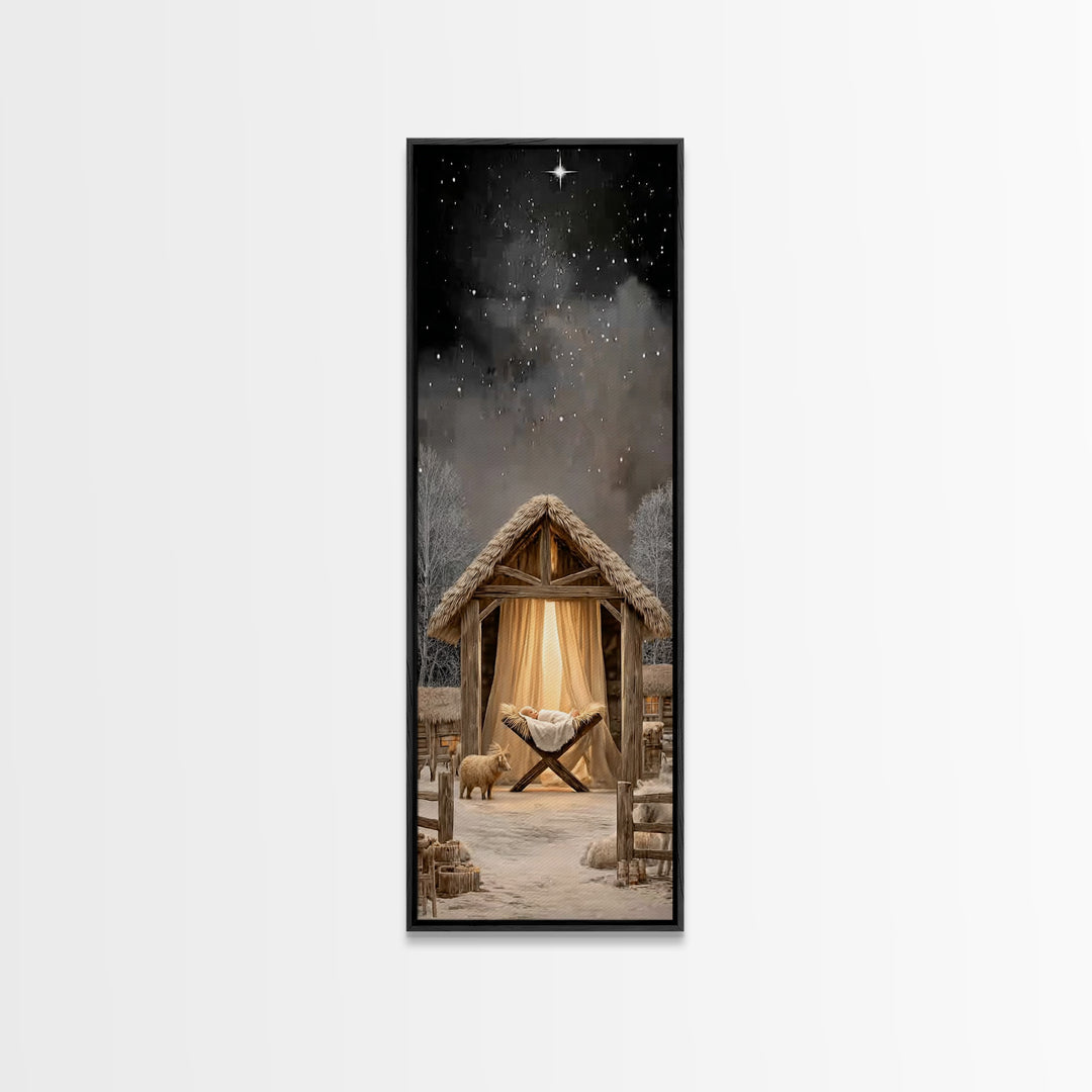 Starry Manger Peace – Framed Canvas Print – Christmas Wall Art – Christian Art Canvas – Skinny Art – Christian Christmas Art – Jesus Painti