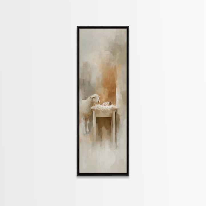 Gentle Manger Love, Framed Canvas Print, Christian Art Canvas, Jesus Painting, Tall Narrow Wall Art, Christian Christmas Art, Christian Wal