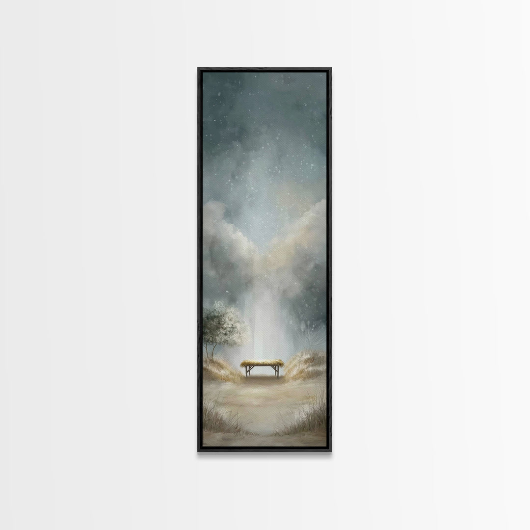 Winter Manger Light – Framed Canvas Print – Christmas Art – Christian Christmas Art – Christian Wall Art – Tall Narrow Wall Art