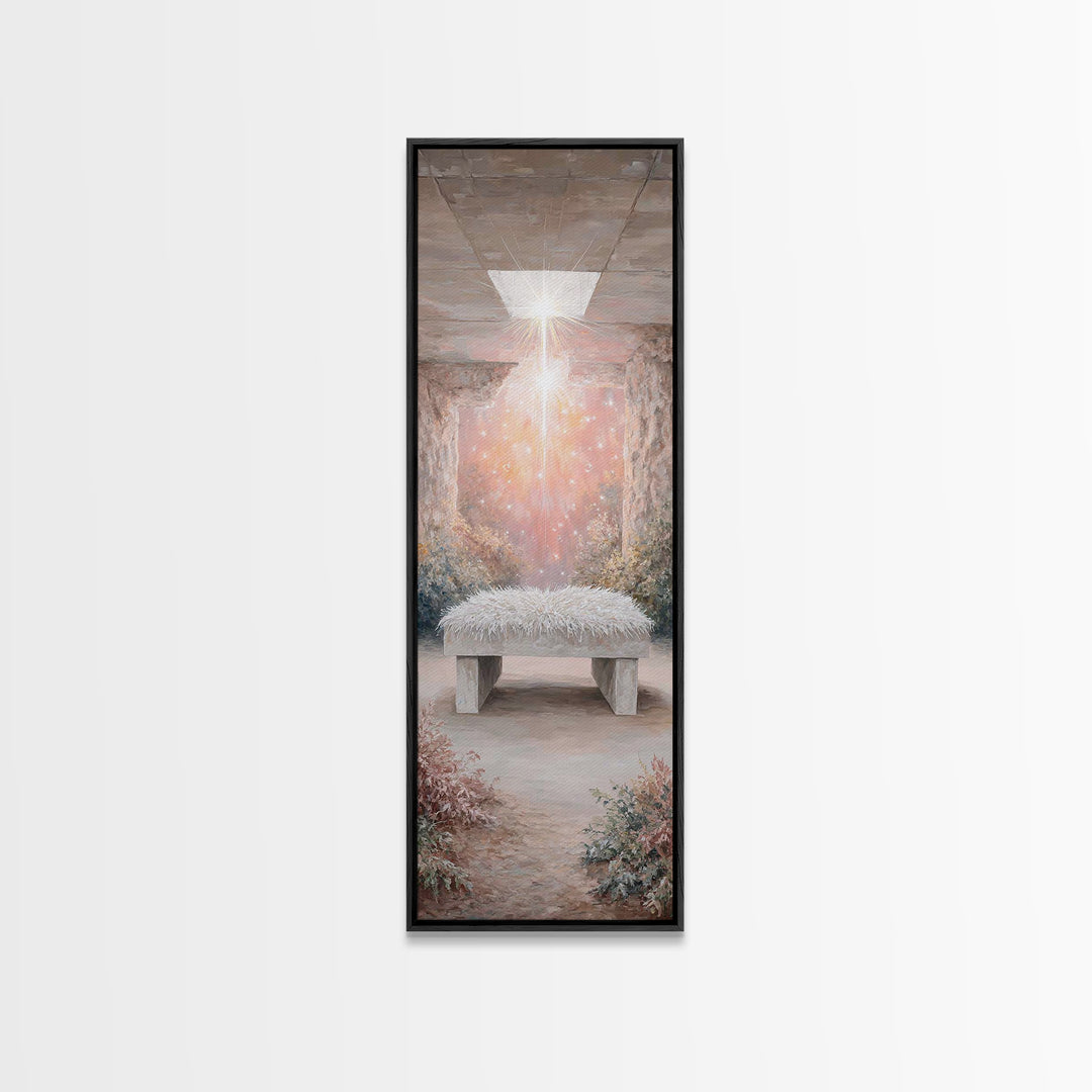 Holy Cradle Glow – Framed Canvas Print – Christian Wall Art – Christian Art Canvas – Christmas Art – Narrow Art