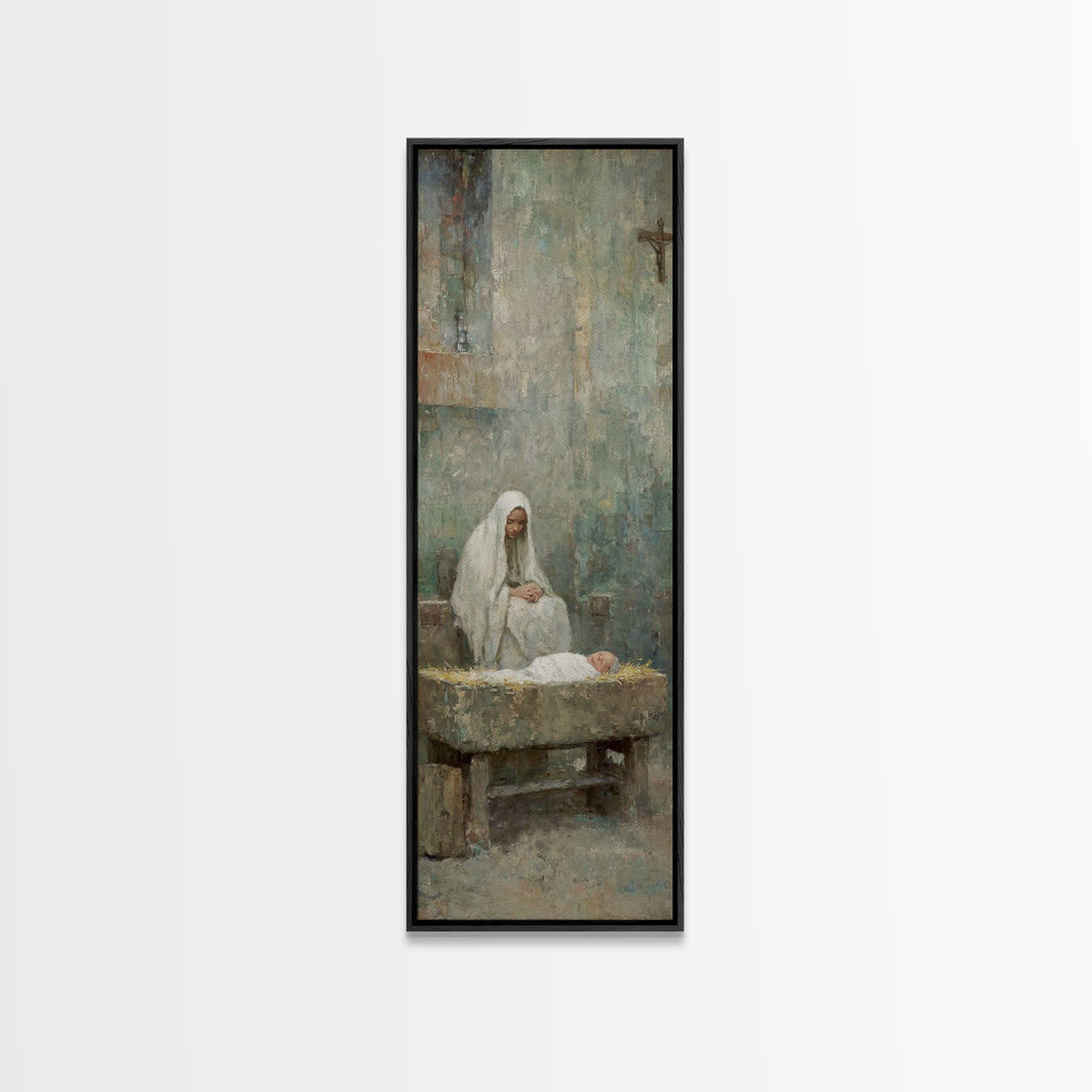 Mary’s Gentle Watch – Framed Canvas Print – Christian Art Canvas – Christian Wall Art – Christmas Art – Narrow Art