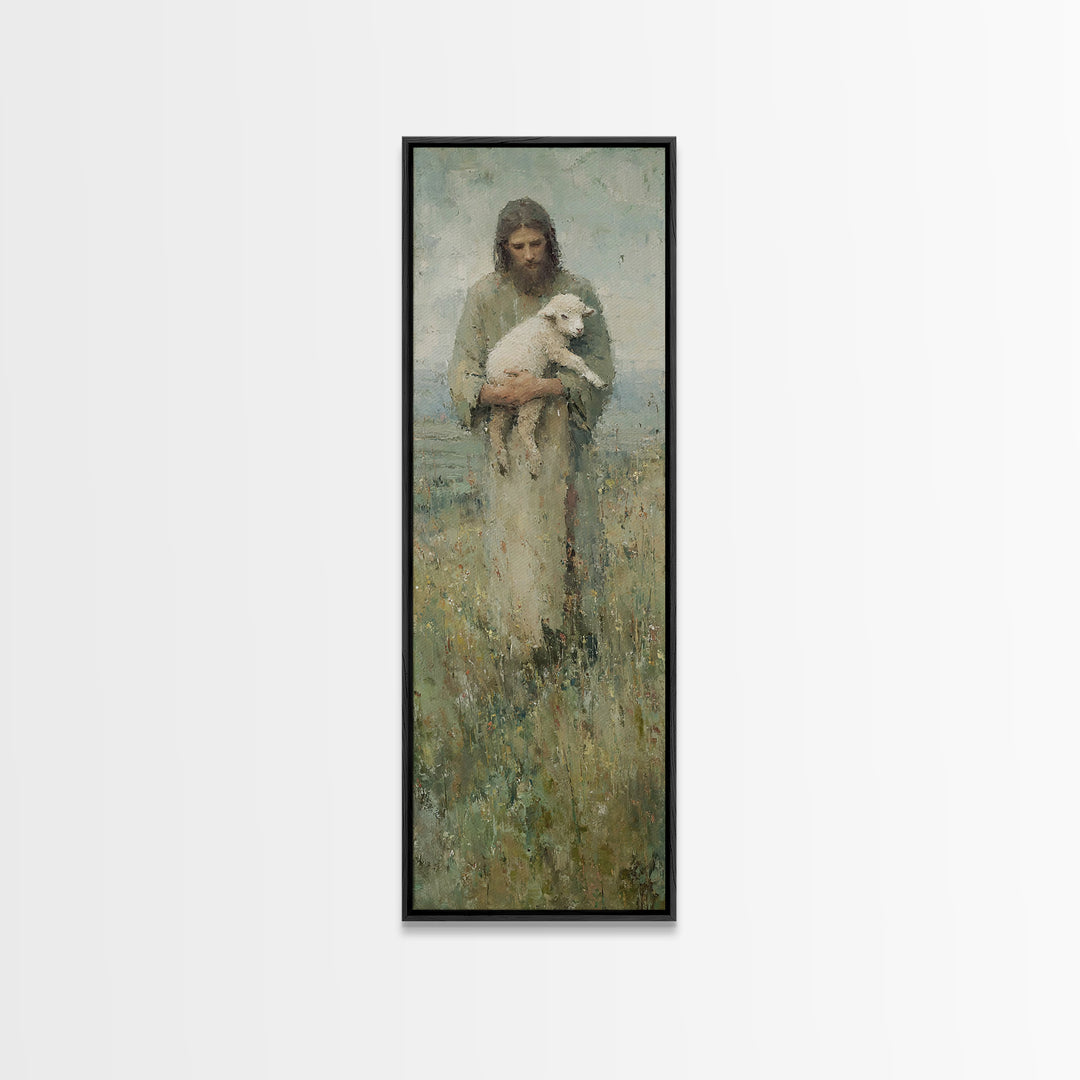 Shepherd’s Embrace, Framed Canvas Print, Jesus Painting, Christian Wall Art, Tall Narrow Wall Art, Christian Art Canvas, Christian Gift, Vi