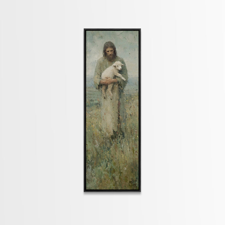 Shepherd’s Embrace, Framed Canvas Print, Jesus Painting, Christian Wall Art, Tall Narrow Wall Art, Christian Art Canvas, Christian Gift, Vi