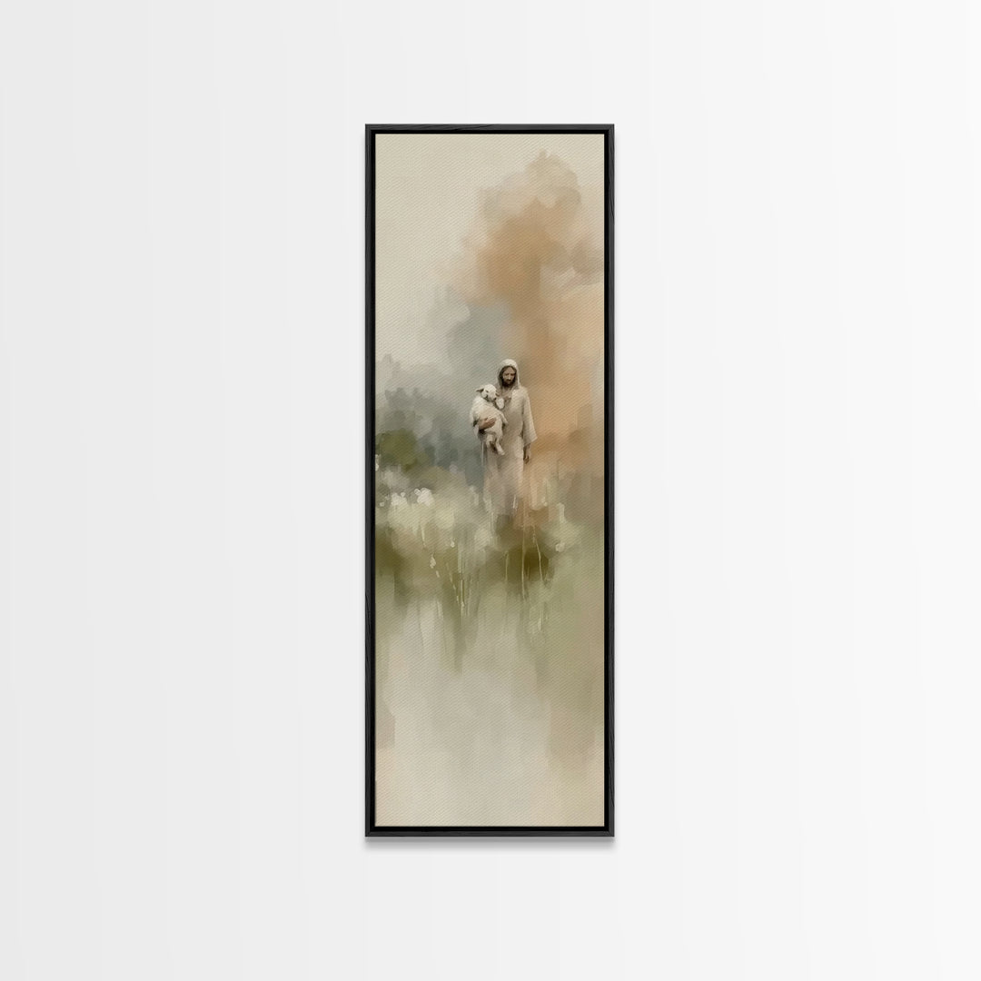 Gentle Shepherd | Framed Canvas Print | Christian Art Canvas | Tall Skinny Art Print | Christian Wall Art | Minimalist Christian Art | Jesu