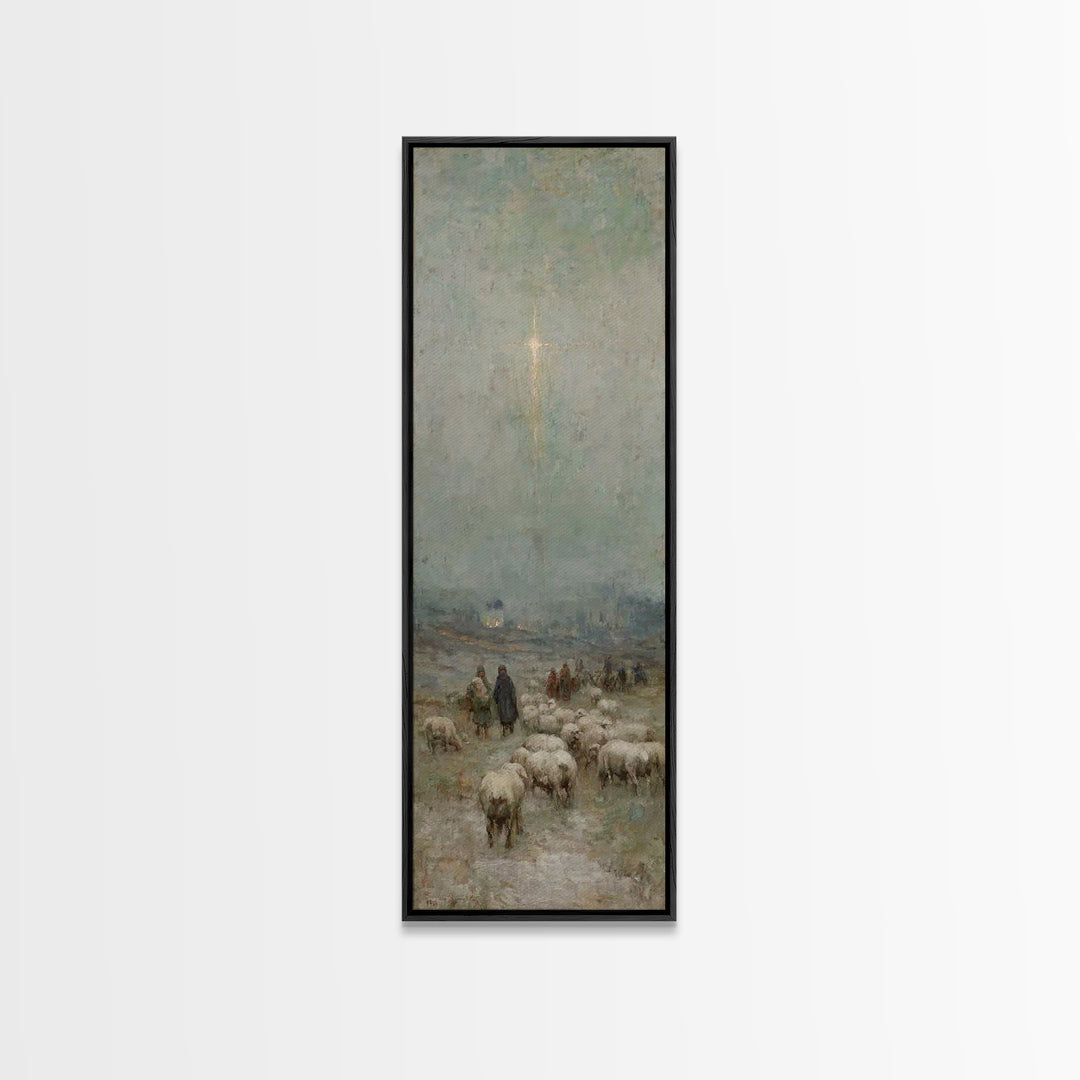 Bethlehem Night Watch, Framed Canvas Print, Narrow Art, Christian Christmas Art, Vintage Christmas Art, Christian Wall Art