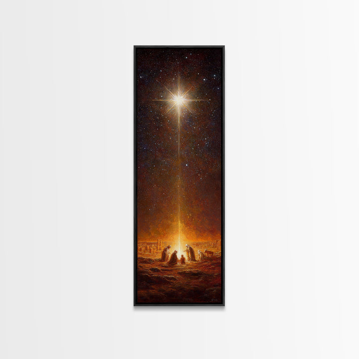 Starlit Holy Night | Framed Canvas Print | Narrow Art | Christian Christmas Art | Jesus Christmas Art | Modern Christian Art