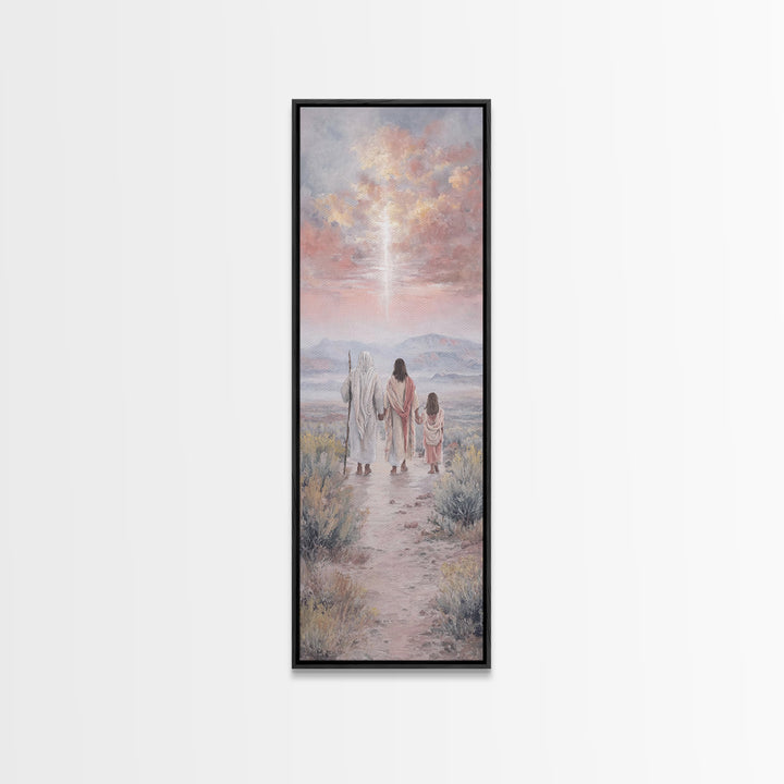 Pink Dawn Journey – Framed Canvas Print – Narrow Art – Christian Christmas Art – Christmas Canvas Wall Art – Christian Wall Art