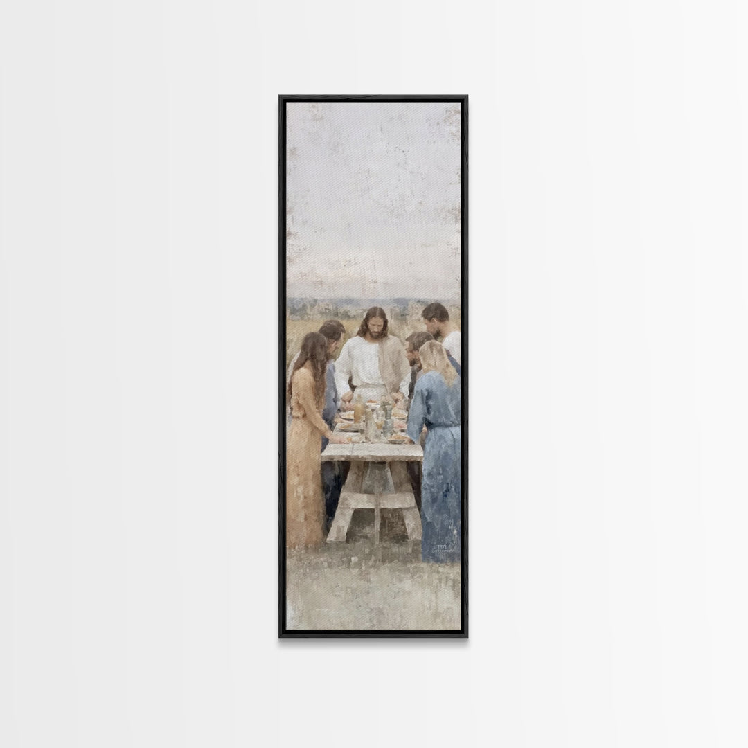 Breaking Bread Grace – Framed Canvas Print – Christian Art – Jesus Painting – Christian Wall Art – Tall Skinny Art Print – Christian Art Ca