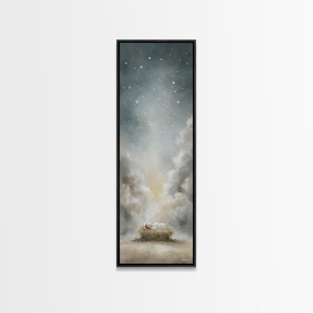 Holy Night Starfall – Framed Canvas Print – Christian Wall Art – Christmas Art – Jesus Painting – Christian Christmas Decor – Tall Skinny A