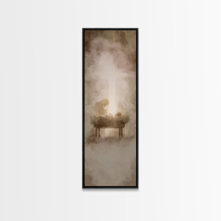 Nativity Hushed Wonder – Framed Canvas Print – Christian Wall Art – Christmas Art – Jesus Painting – Christian Christmas Art – Narrow Art –
