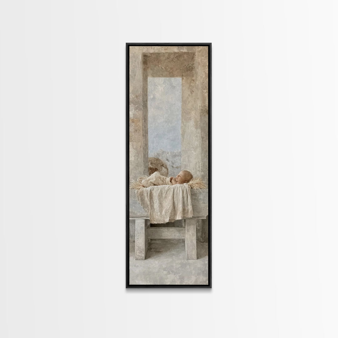 Sacred Infant Rest – Framed Canvas Print – Christian Art – Jesus Painting – Christian Christmas Art – Tall Skinny Art Print – Christian Wal