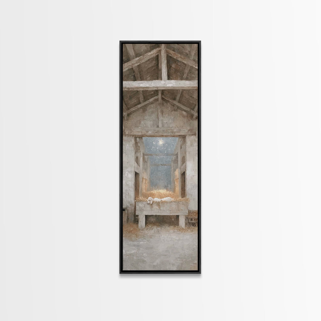 Quiet Manger Peace – Framed Canvas Print – Narrow Art – Christian Wall Art – Christian Art Canvas – Christmas Art – Christian Christmas