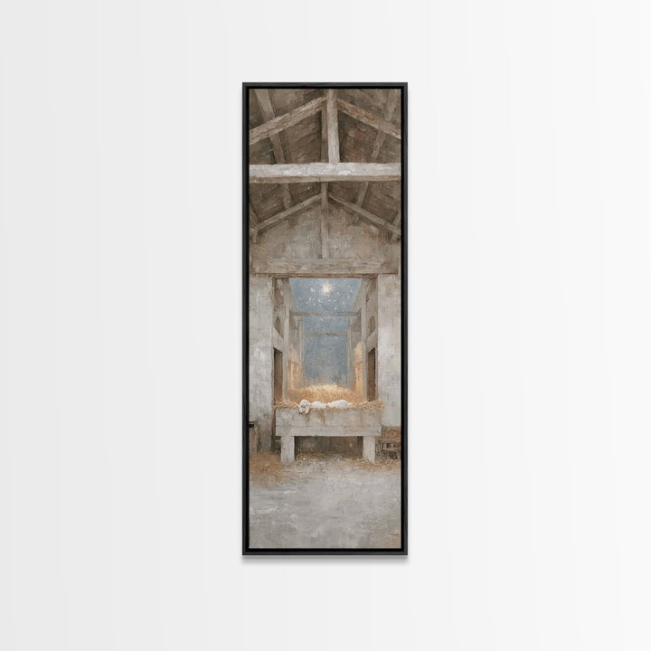 Quiet Manger Peace – Framed Canvas Print – Narrow Art – Christian Wall Art – Christian Art Canvas – Christmas Art – Christian Christmas