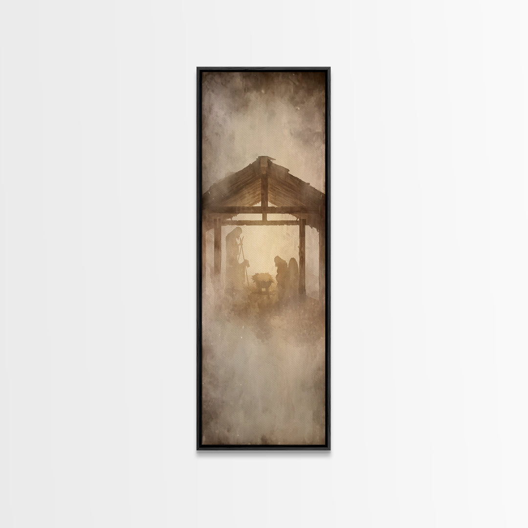 Holy Birth Glow – Framed Canvas Print – Tall Skinny Art Print – Christian Christmas Art – Christian Art Canvas – Jesus Painting – Christian
