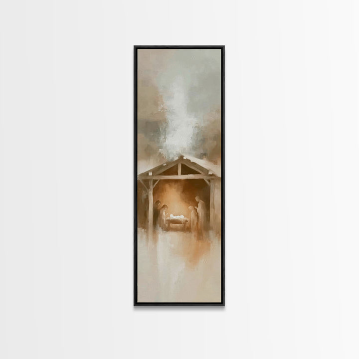 Manger Moon Night – Framed Canvas Print – Narrow Art – Christian Art Canvas – Christmas Art – Jesus Painting – Christian Christmas Art