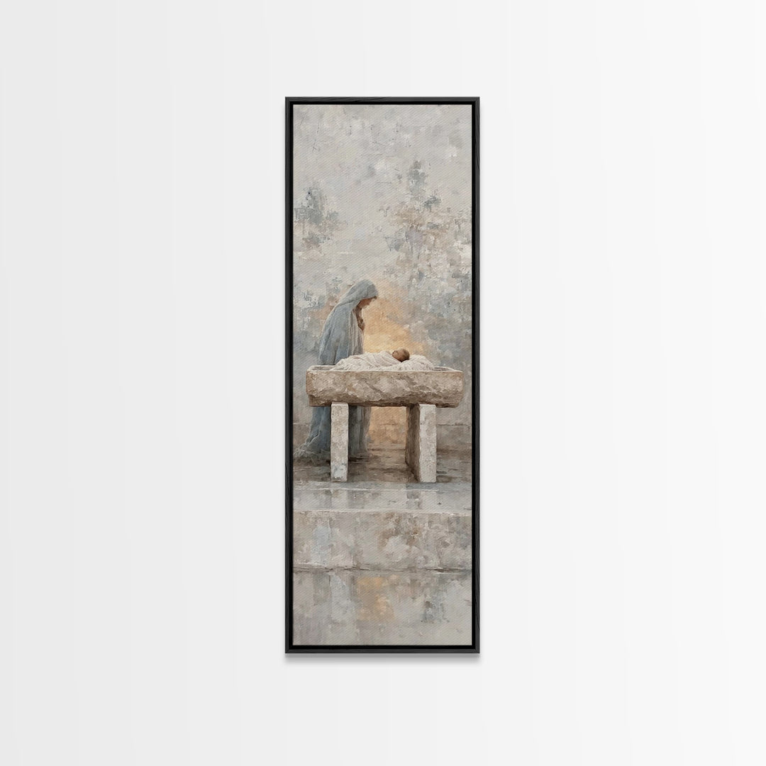 Angelic Nativity Veil – Framed Canvas Print – Tall Narrow Wall Art – Christian Art Canvas – Christian Christmas Art – Jesus Painting – Chri