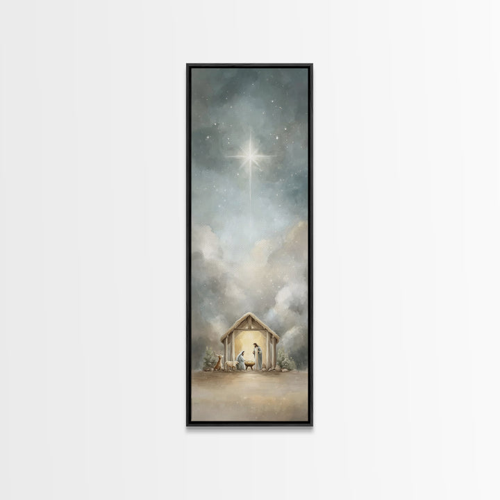 Radiant Stable Peace – Framed Canvas Print – Tall Narrow Wall Art – Christian Art Canvas – Jesus Art – Christian Christmas Art – Jesus Pain
