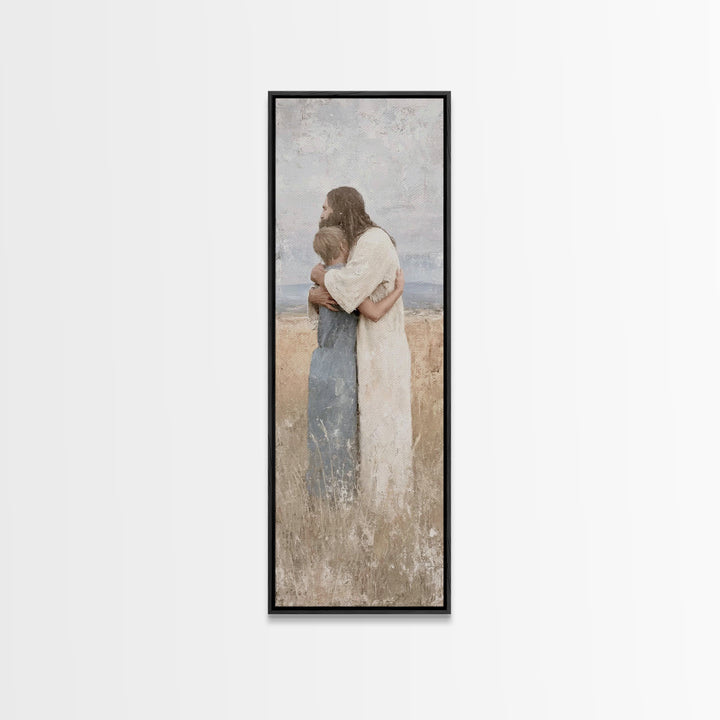 Gentle Savior Hold | Framed Canvas Print | Christian Art Canvas | Christian Wall Art | Jesus Painting | Subtle Christian Art | Narrow Art