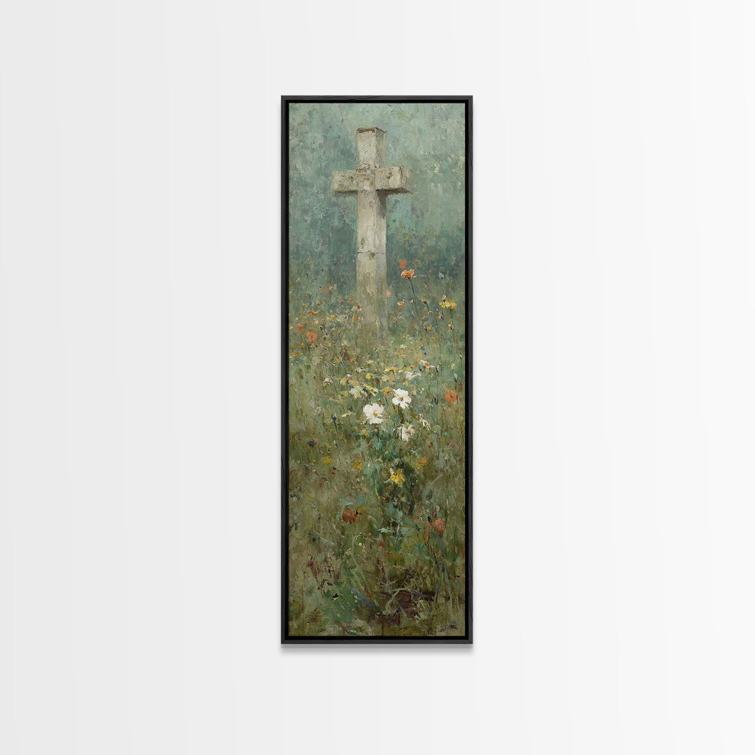 Cross In Bloom, Framed Canvas Print, Christian Art Canvas, Christian Wall Art, Vintage Christian Art, Christian Painting, Tall Narrow Wall