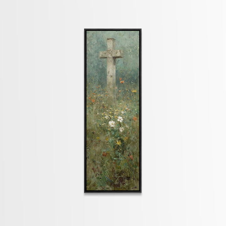 Cross In Bloom, Framed Canvas Print, Christian Art Canvas, Christian Wall Art, Vintage Christian Art, Christian Painting, Tall Narrow Wall