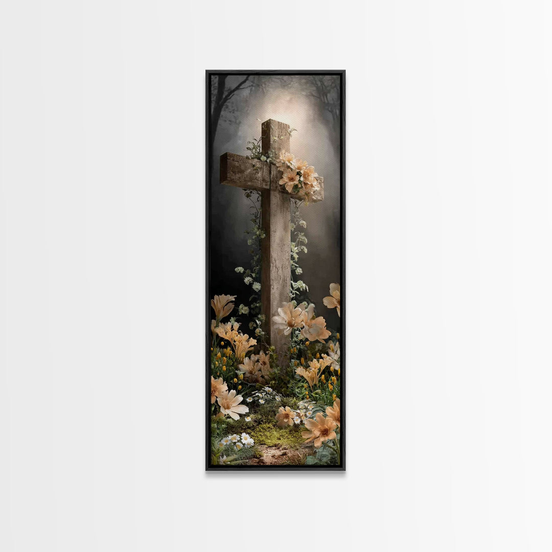 Radiant Cross Garden – Framed Canvas Print – Christian Art Canvas – Christian Wall Art – Christian Painting – Modern Christian Art – Skinny