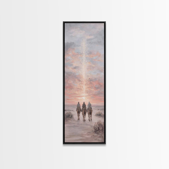 Rose Dawn Pilgrims – Framed Canvas Print – Christian Christmas Art – Skinny Art – Christian Wall Art – Christian Art Canvas