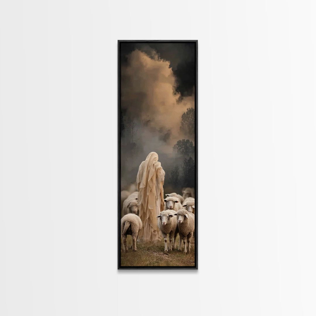 Shepherd’s Nightfall – Framed Canvas Print – Narrow Art – Christian Art Canvas – Jesus Painting – Christian Wall Art – Modern Christian Art