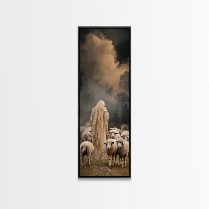 Shepherd’s Nightfall – Framed Canvas Print – Narrow Art – Christian Art Canvas – Jesus Painting – Christian Wall Art – Modern Christian Art