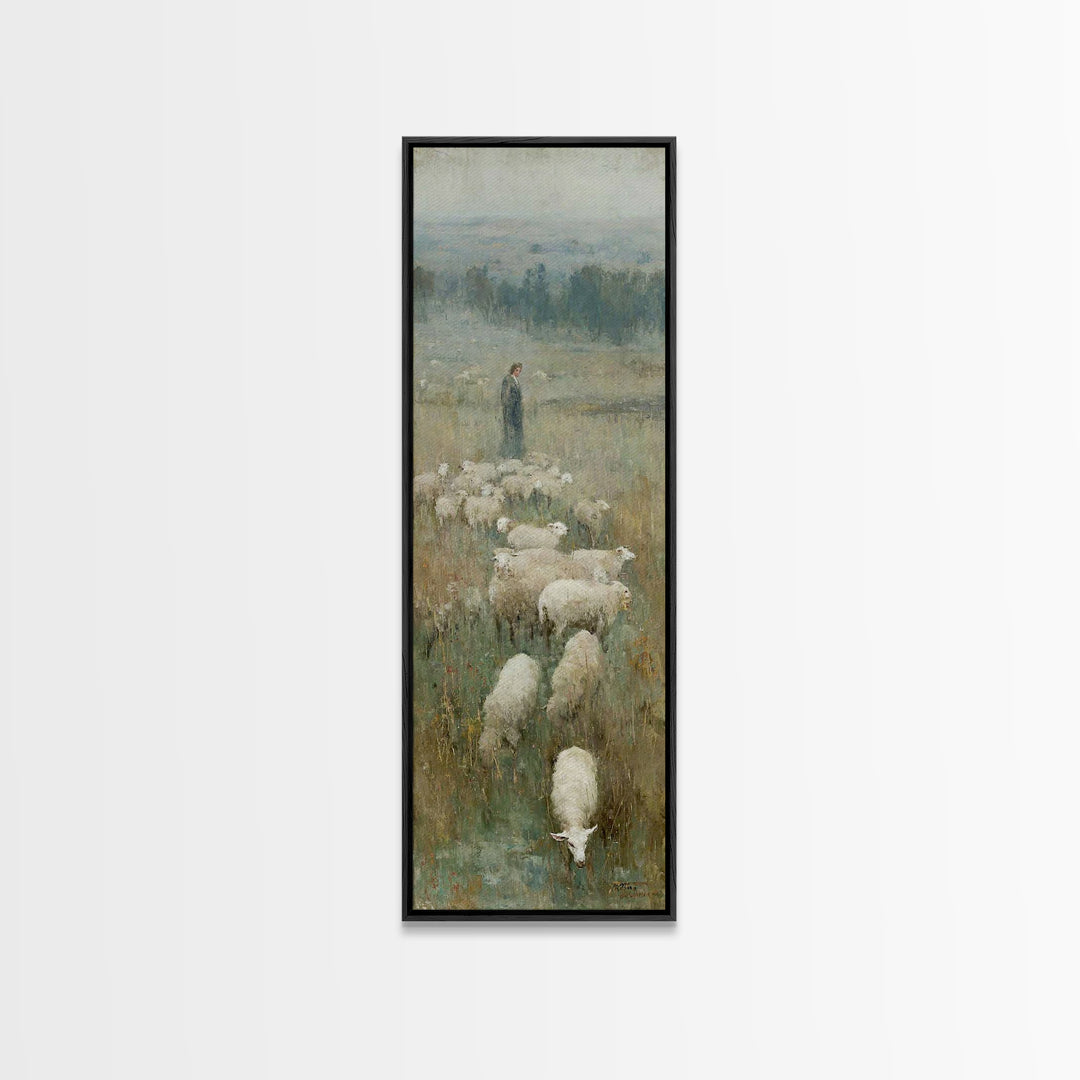 Pastoral Dawn Grace – Framed Canvas Print – Tall Narrow Wall Art – Christian Art Print – Christian Wall Art – Jesus Painting – Moody Christ